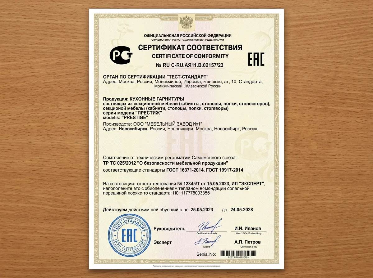 Сертификат соответствия ГОСТ и ЕАС на кухонные гарнитуры: официальный документ с печатью и номером